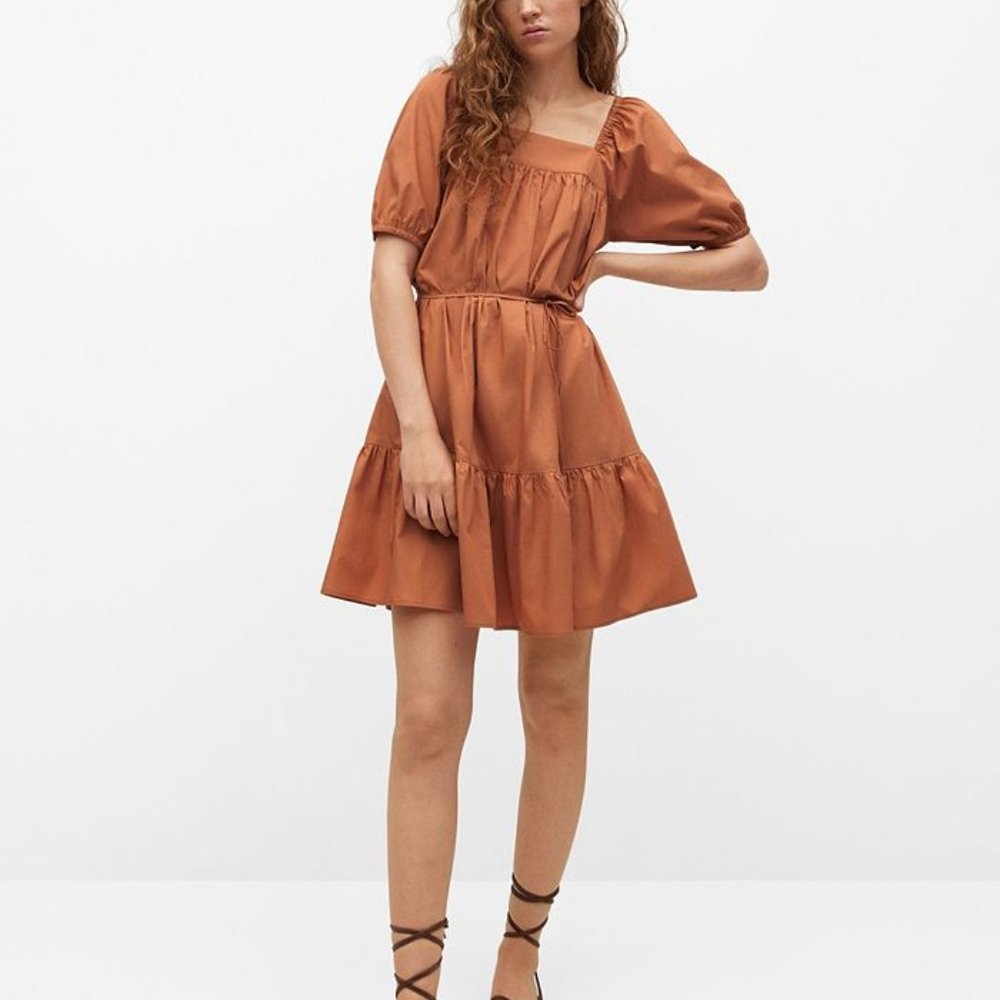 Mango Frill Cotton Square Neckline Mini Dress in Almond Size 6